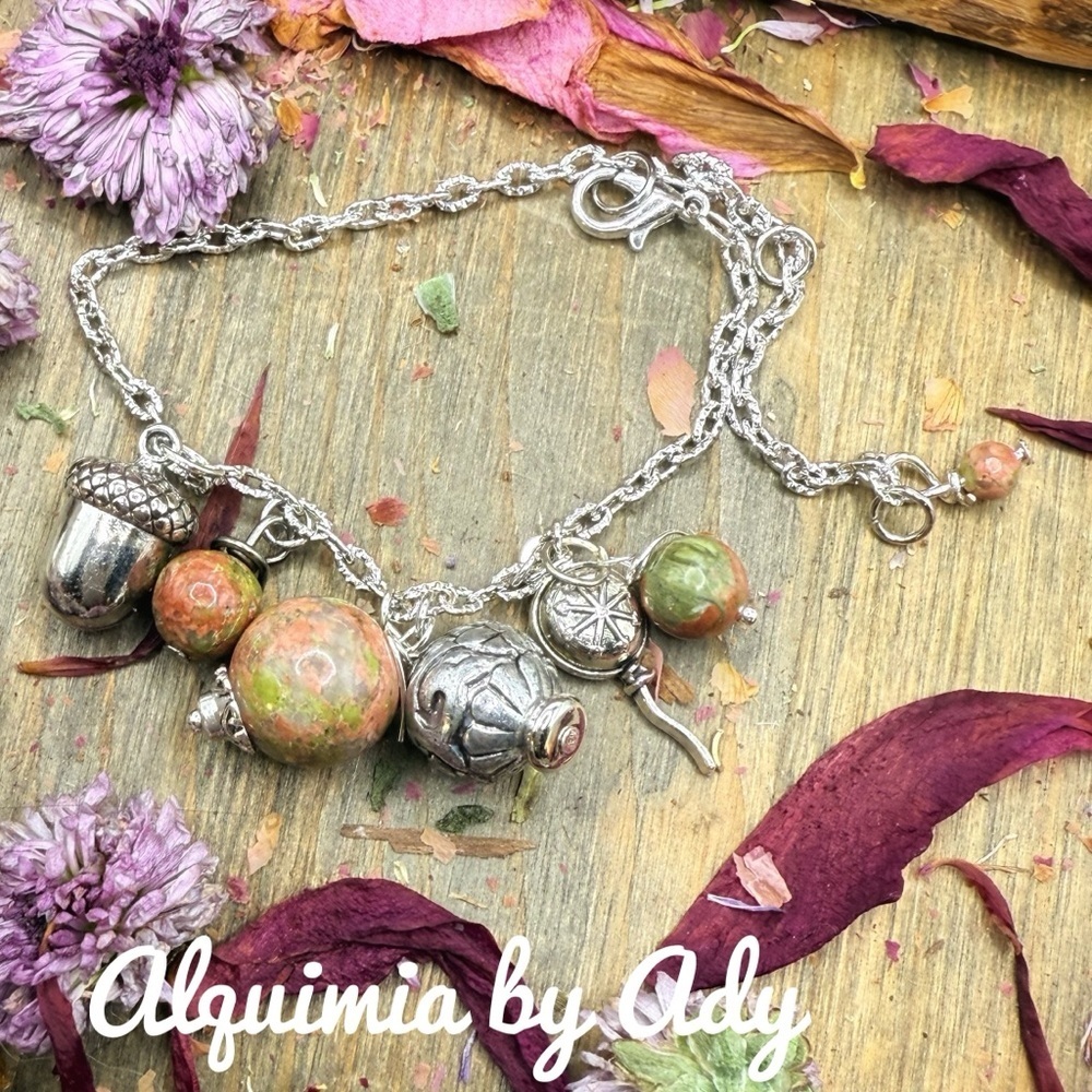 Multi charms silver green gemstones bracelet